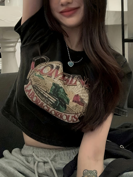 Damen Crop-T-Shirt mit kreativem Augenmotiv und Tourdruck EB