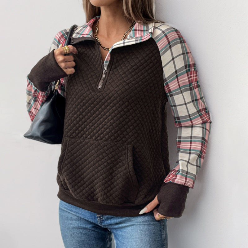 Damen ¼-Ärmel Sweatshirt mit Karo-Details und bequemer Passform EB