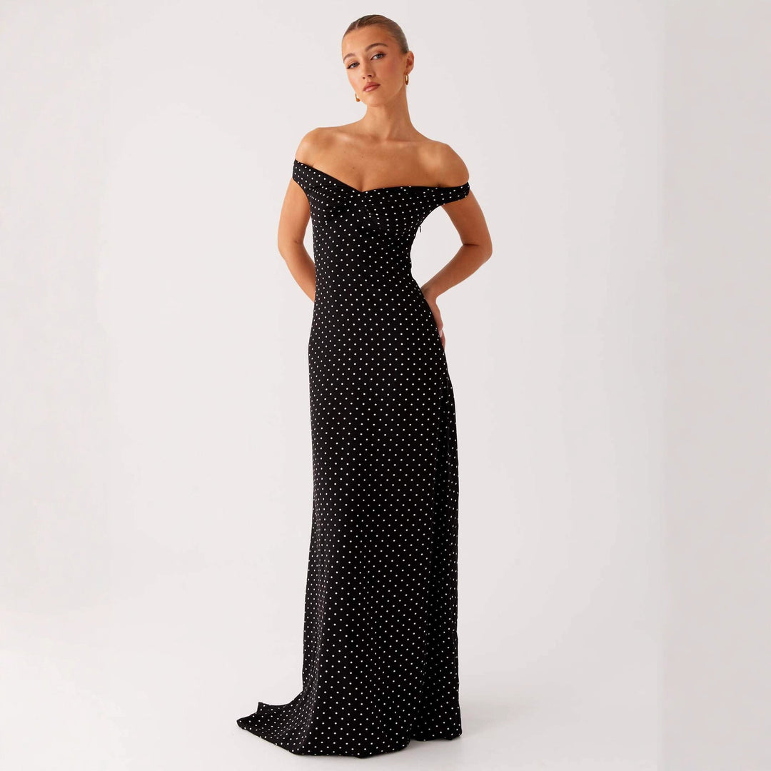 Damen Abendkleid mit Off-Shoulder-Design und elegantem Punktmuster EB