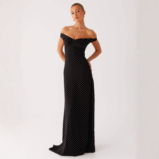 Damen Abendkleid mit Off-Shoulder-Design und elegantem Punktmuster EB