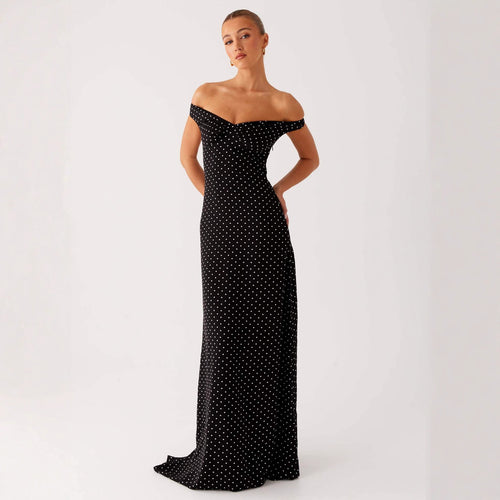 Damen Abendkleid mit Off-Shoulder-Design und elegantem Punktmuster EB