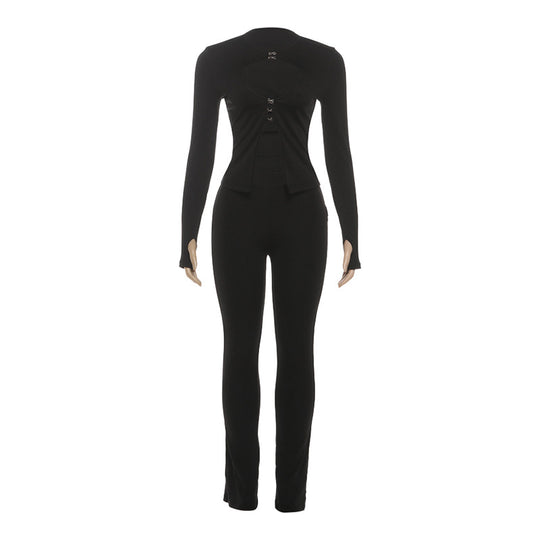 Damen Cut-Out Jumpsuit mit elegantem Stehkragen und figurbetontem Schnitt EB