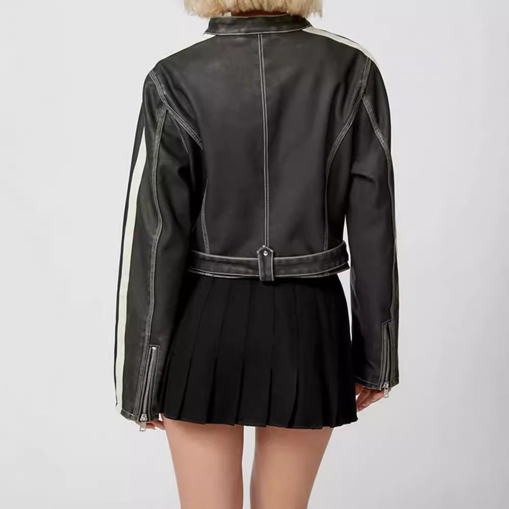 Damen kunstlederne Bikerjacke mit dezenten Kontraststreifen EB