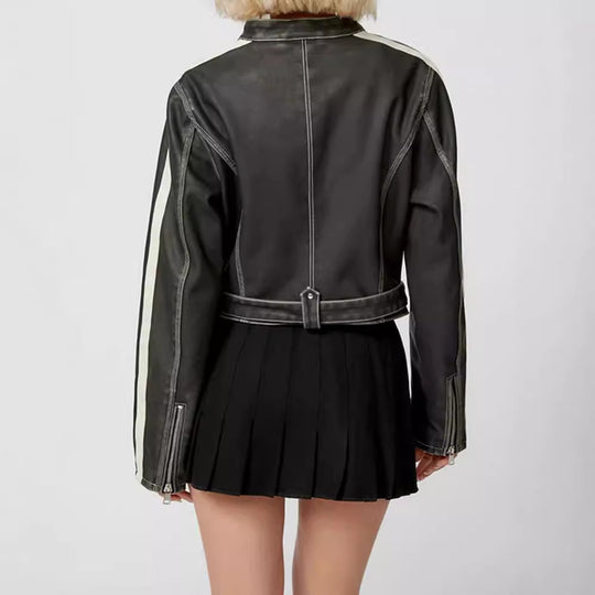 Damen kunstlederne Bikerjacke mit dezenten Kontraststreifen EB
