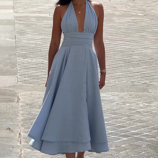 Damen elegantes Midikleid mit tiefem V-Ausschnitt und Fließendem Rock EB