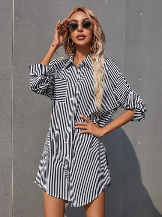 Damen Hemdblusenkleid im lässigen Stil mit Streifenmuster EB