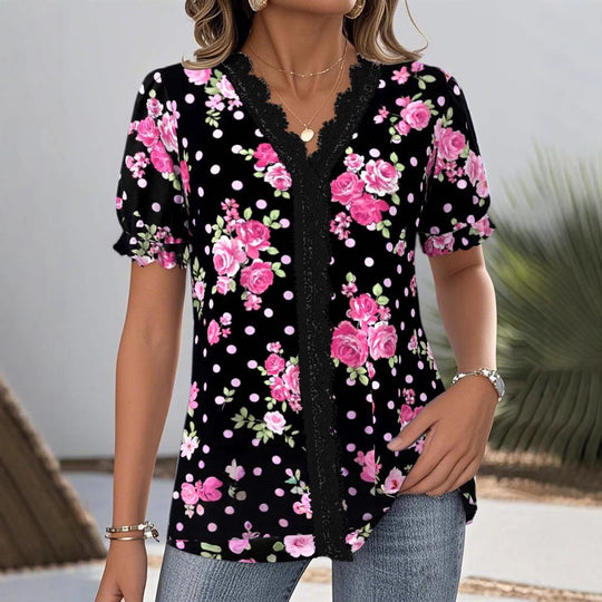 Damen nan V-Ausschnitt-Bluse mit Spitzenborte, Puffärmeln und floralem Punktmuster EB