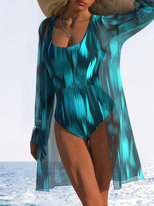 Damen Einteiliger Schwimmanzug mit transparentem Überwurf und modernem Wellenmuster EB