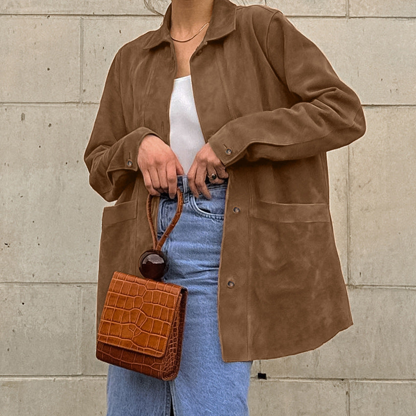 Damen Modische Wildlederjacke mit Druckknopfverschluss und praktischen Taschen EB
