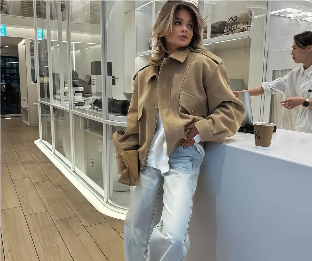 Damen modische Oversized-Jacke mit lässigem Schnitt und praktischen Taschen EB