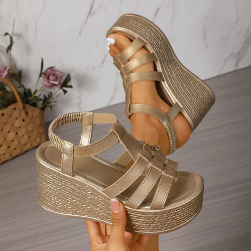 Damen Komfortable Plateau-Sandalen mit dekorativem Riemendesign EB