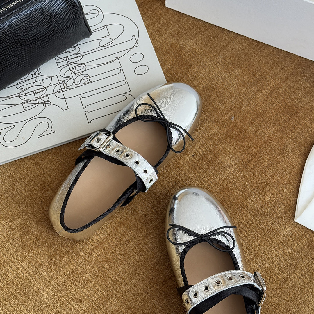 Damen Ballerinas mit dekorativem Riemchen und schimmerndem Metallic-Look EB