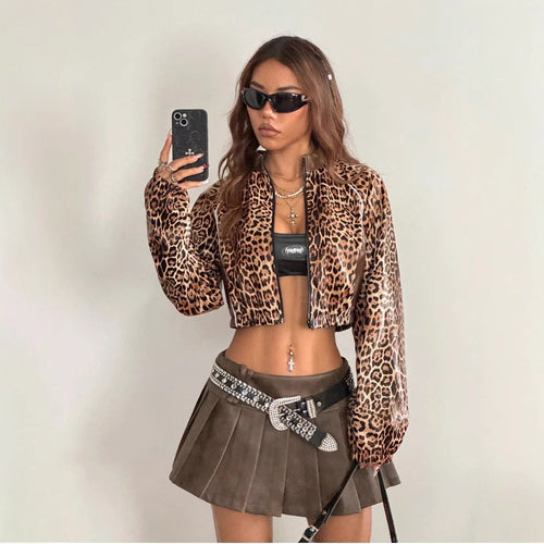 Damen Cropped Kunstlederjacke mit Leopardenmuster EB