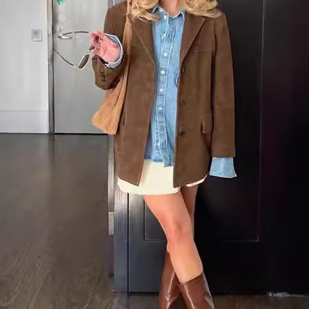 Damen Wildlederblazer im Vintage-Stil mit Taschen EB