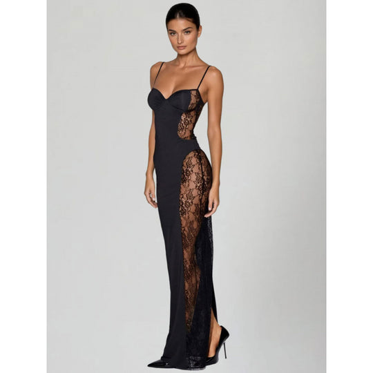 Damen Elegantes Abendkleid mit transparenten Spitzen-Applikationen und figurbetonter Silhouette EB