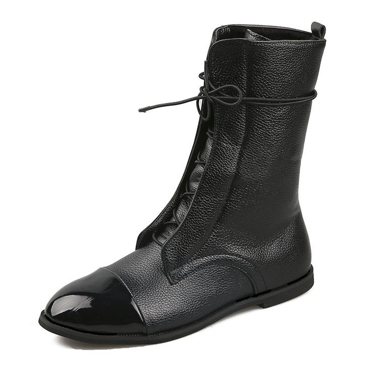 Damen  knöchelhohe Schnürstiefel mit spitzer Kappenausführung und genarbter Lederoptik EB