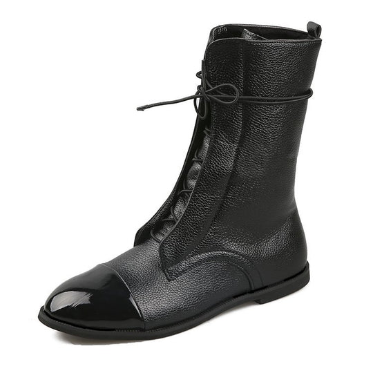 Damen  knöchelhohe Schnürstiefel mit spitzer Kappenausführung und genarbter Lederoptik EB
