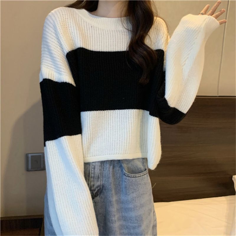 Damen Strickpullover mit weit geschnittenen Ärmeln und kontrastierendem Design EB