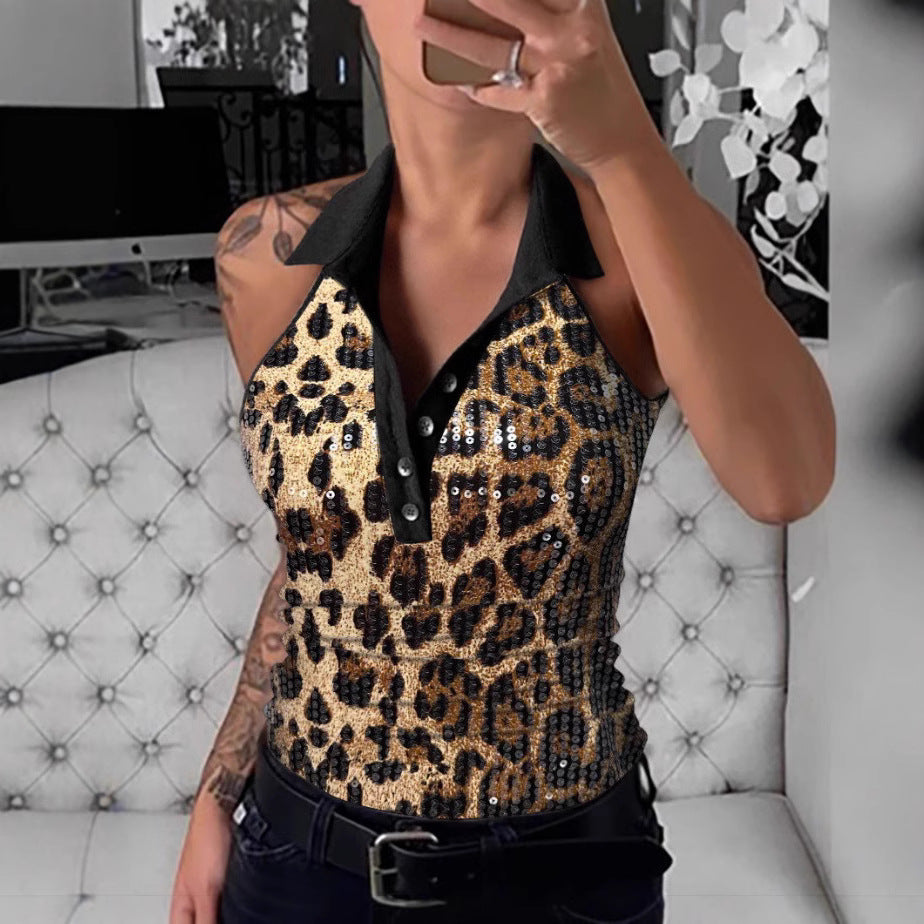 Damen Poloshirt mit funkelnden Pailletten und auffälligem Leopardenmuster EB
