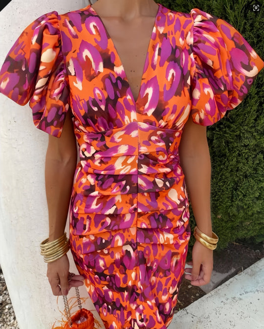 Damen Elegantes Kleid mit Puffärmeln und raffiniertem Schnitt EB