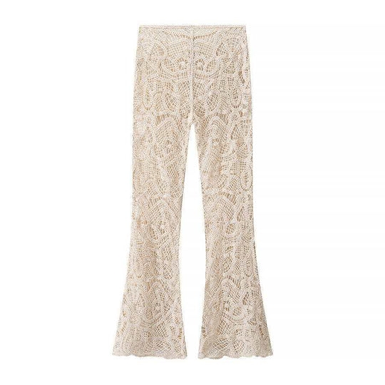 Damen nan gehäkelte Schlaghose mit floralem Crochetmuster, elastischem Bund und teilgefüttertem Innenbein EB