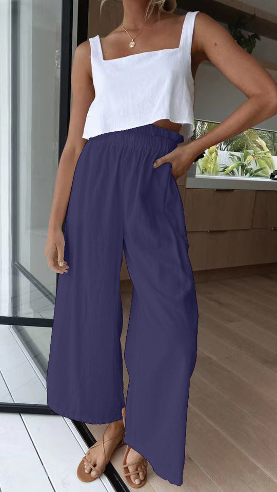 Damen Hochtaillierte Palazzo-Hose mit elastischem Bund und seitlichen Taschen EB