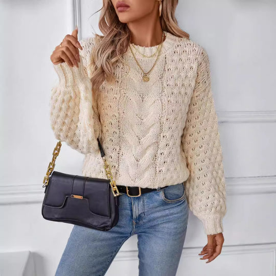 Damen gemütlicher Strickpullover mit strukturiertem Zopfmuster und lässigem Schnitt EB