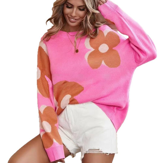 Damen Grob gestrickter Pullover mit floralem Muster EB