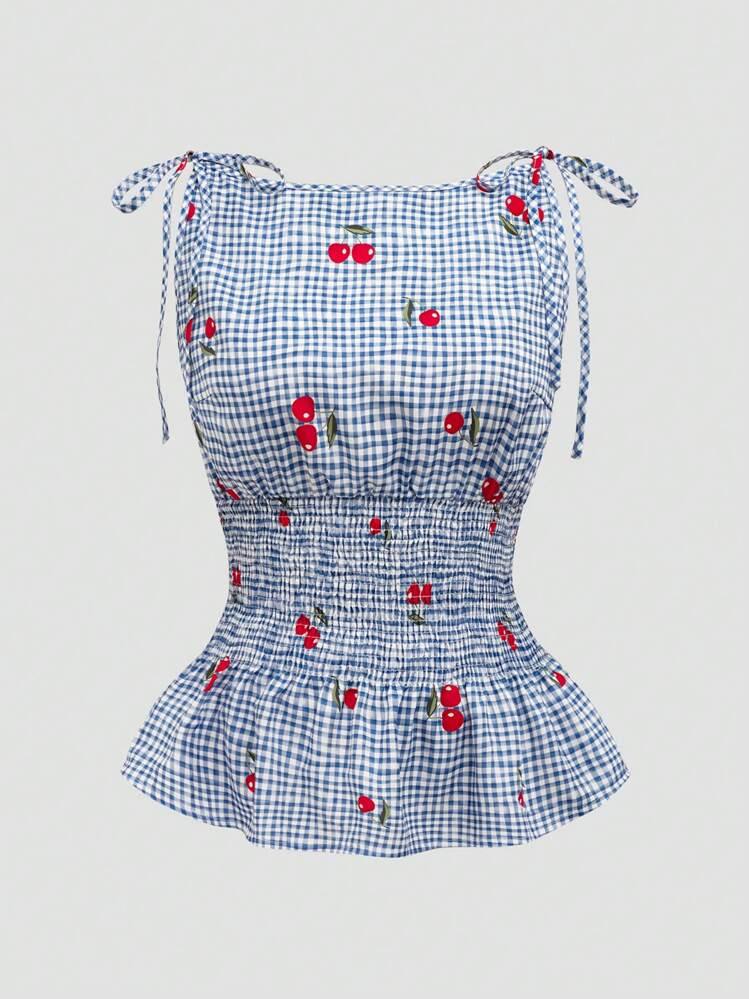 Damen Bluse mit floralem Karo-Muster und Rüschensaum EB