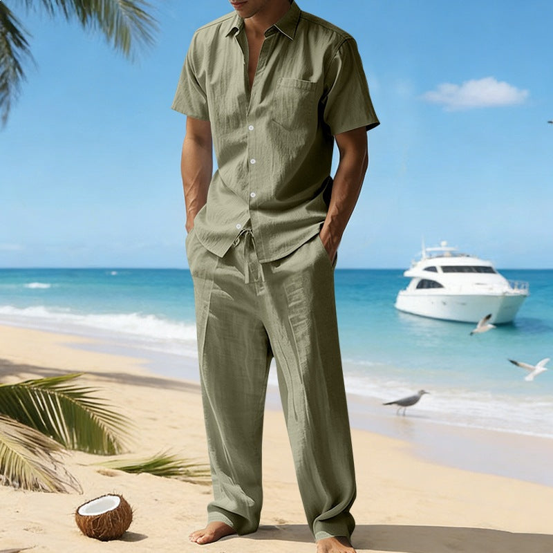Herren nan resort-taugliches Kurzarm-Hemd mit Brusttasche und lässiger Leinen-Kordelhose EB