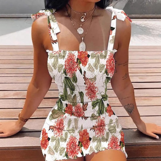 Damen Kurzkleid mit Blumenmuster und Spitzenträgern EB