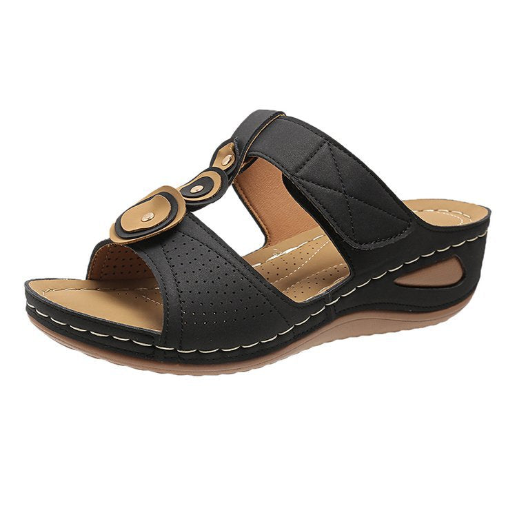 Damen Bequeme Wedge-Pantoletten mit verstellbaren Riemen und anatomischem Fußbett EB