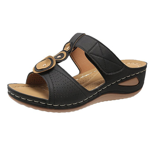 Damen Bequeme Wedge-Pantoletten mit verstellbaren Riemen und anatomischem Fußbett EB