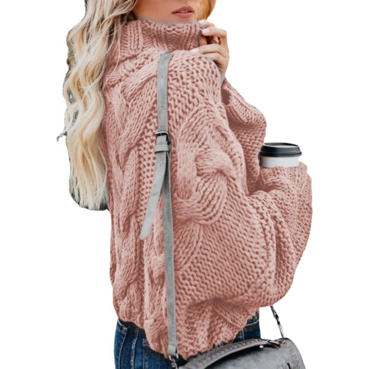 Damen Grobstrickpullover mit hohem Kragen und Zopfmuster EB