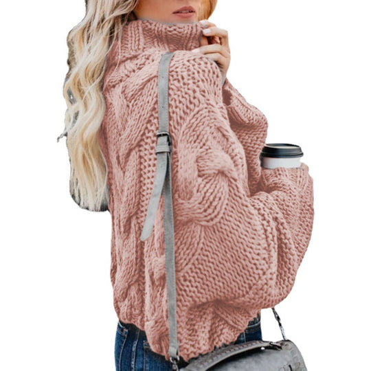 Damen Grobstrickpullover mit hohem Kragen und Zopfmuster EB