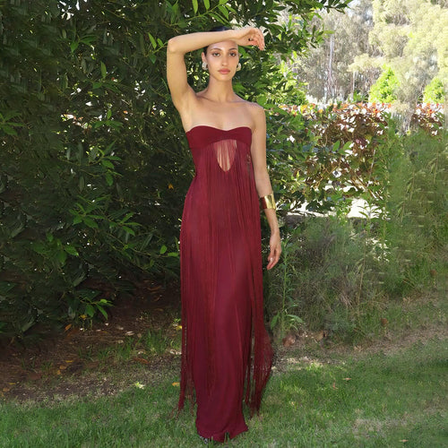 Damen Elegantes Maxi-Kleid mit Fransen und tiefem Ausschnitt EB