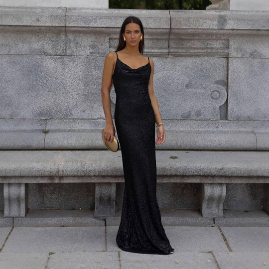 Damen Glamouröses Abendkleid mit tiefem Rückenausschnitt und schimmerndem Material EB