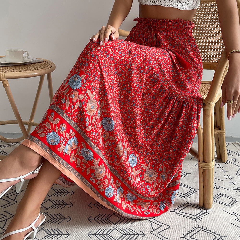 Damen nan leichter Stufen-Maxirock mit elastischem Rüschenbund, Kordel-Tassel und zartem Paisley-Print EB