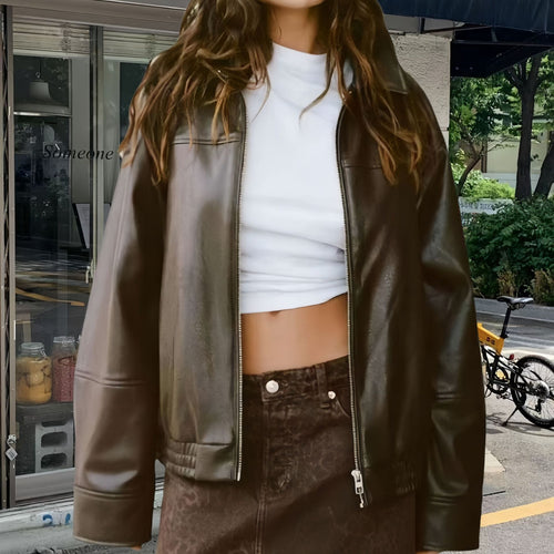 Damen Lässige Kunstlederjacke mit oversized Schnitt und eleganten Details EB