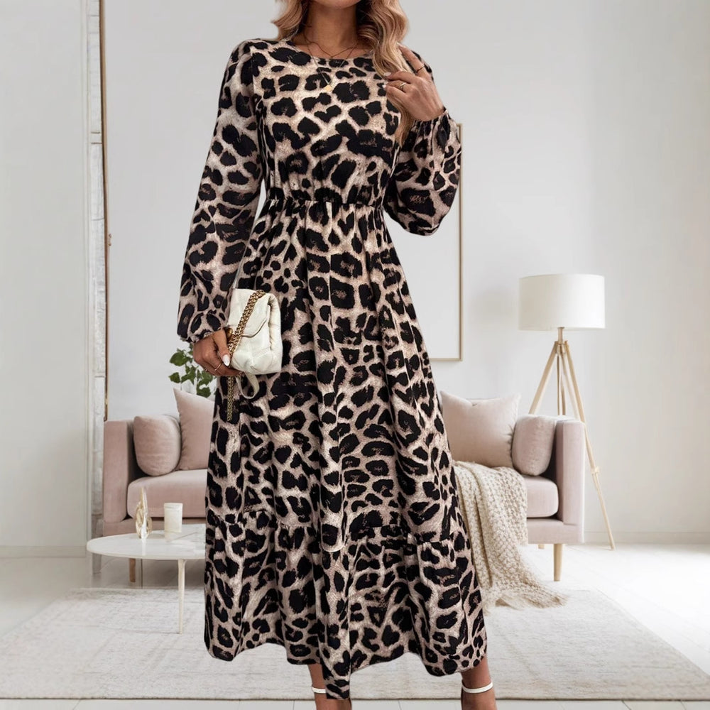Damen Elegantes Langarm-Maxikleid mit modernem Tierprint und asymmetrischem Saum EB