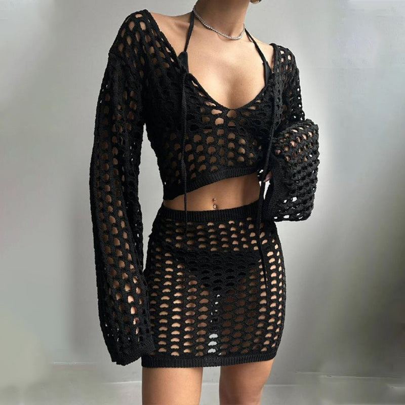 Damen gehäkeltes Strandoutfit mit offener Front EB