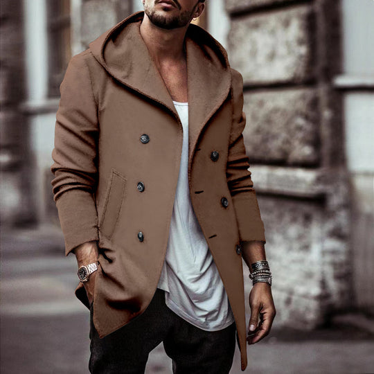 Herren stylischer Hoodie-Mantel mit doppelter Knopfreihe und weitem Kragen EB