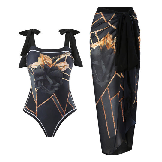 Damen Badeanzug-Set mit elegantem Floral-Design und passender Strandhose EB