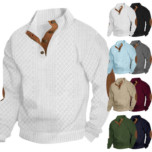 Herren nan gehobener Strickpullover mit Rautenmuster, hohem Rippkragen, knöpfbarer Latzleiste und Lederbesatz an Ellenbogen EB