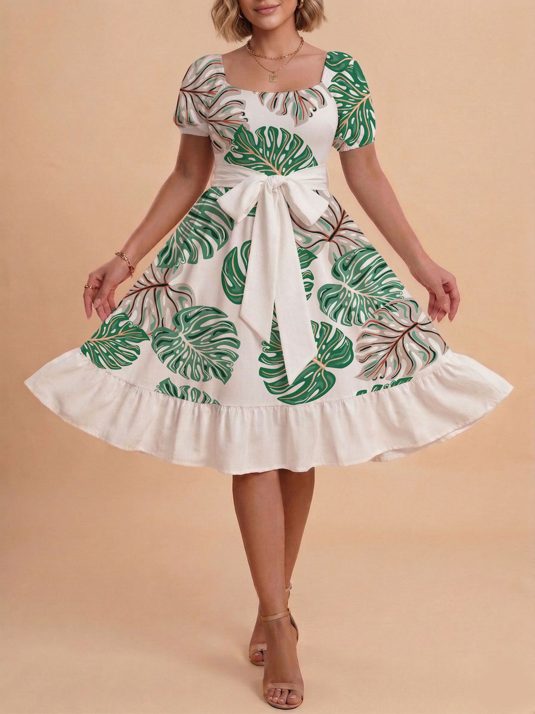 Damen Verspieltes Maxikleid mit Bärenmuster und taillierbarem Band EB