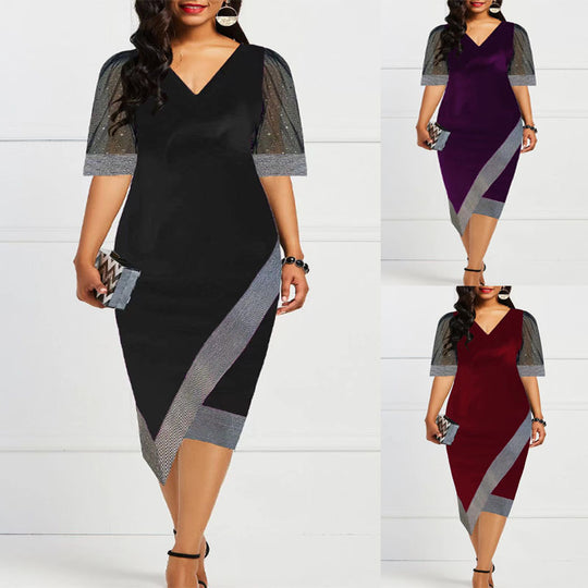 Damen Elegantes Cocktailkleid mit transparenten Puffärmeln und asymmetrischem Saum EB