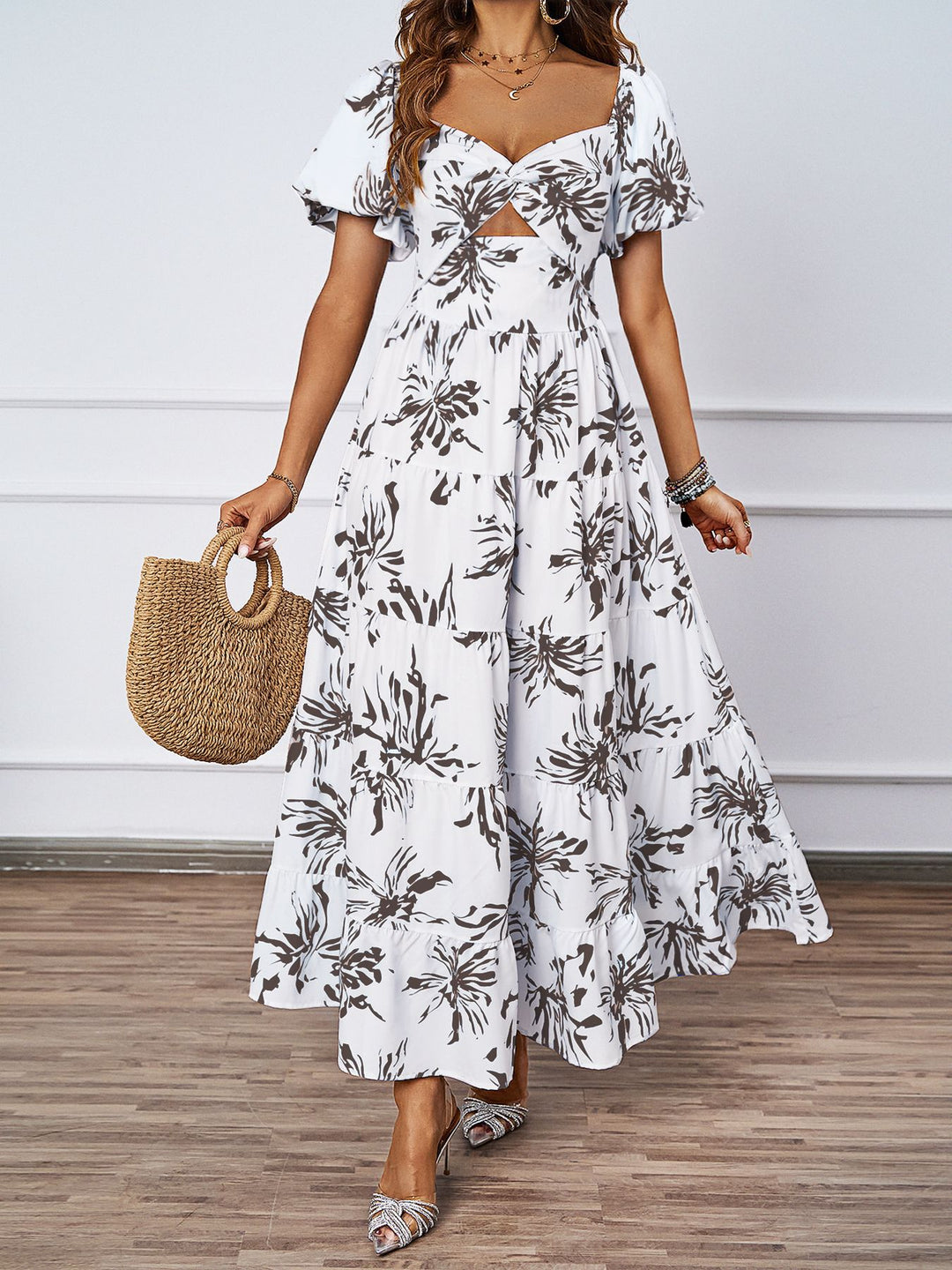 Damen Maxikleid mit voluminösen Puffärmeln und romantischem Schnitt EB