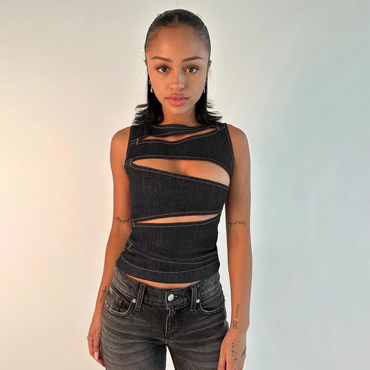 Damen figurbetontes Denim-Top mit asymmetrischen Cut-Outs und stylischem Design EB