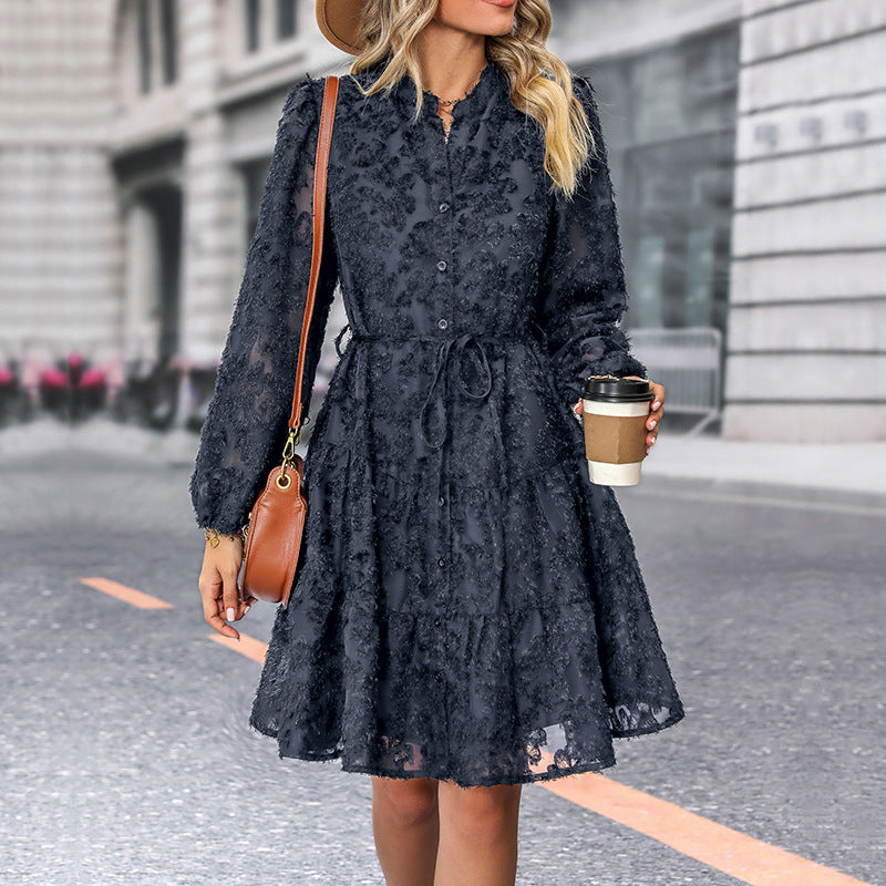 Damen Kleid im romantischen Boho-Stil mit Knopfverschluss und Bindegürtel EB