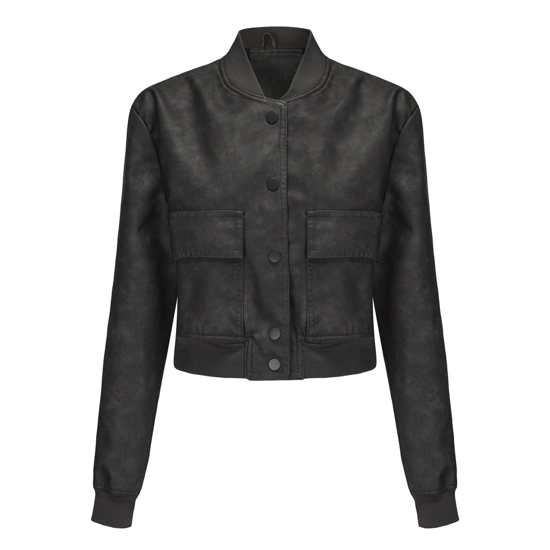 Damen Kunstleder Bomberjacke mit praktischen Taschen und elastischen Bündchen EB